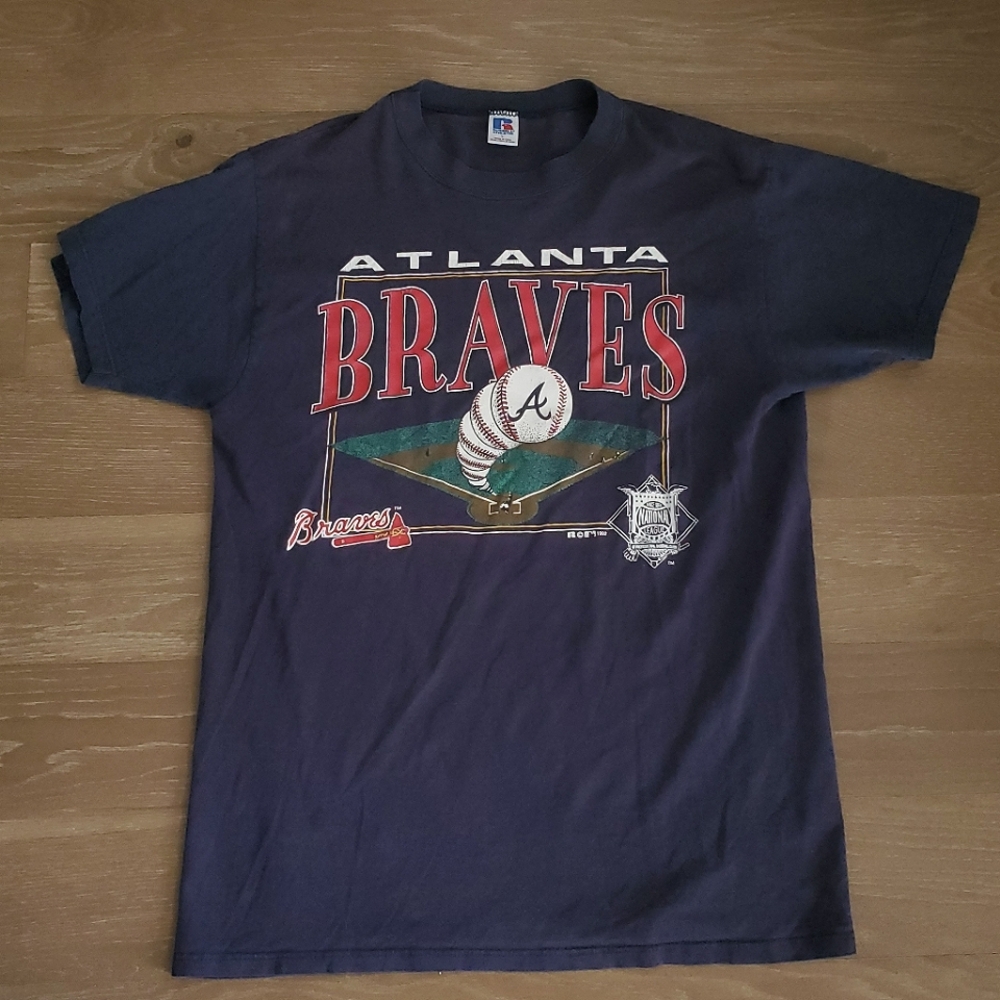 Russell Athletic Atlanta Braves 1992 T Shirt 90s Size Large Vintage Blue USA